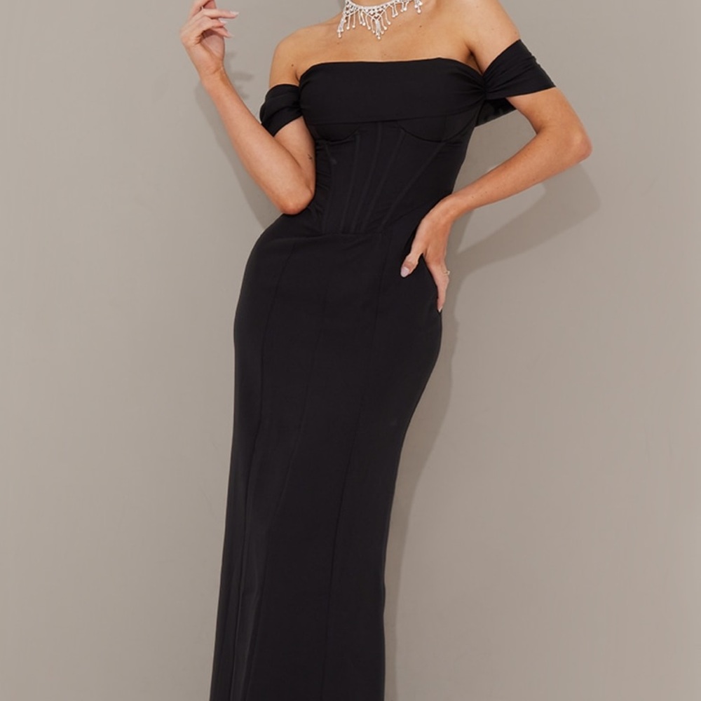 Black corset detail Bardot bridesmaid dress